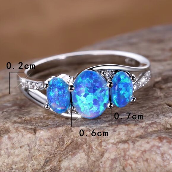 NEW 14k White Gold Blue Opal Diamond Ring Oval Cut Ring - Picture 6 of 6